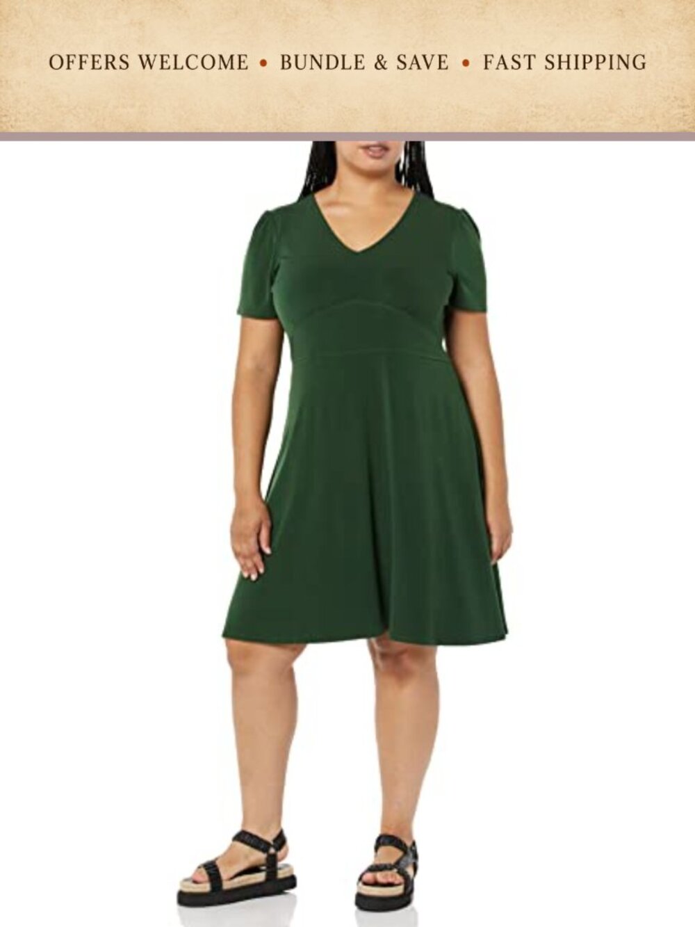 Women's Short Sleeve V-Neck Gathered Fit and Flare Dress